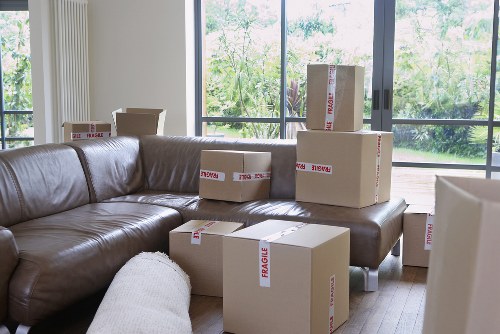 Packed office furniture and business equipment ready for transport